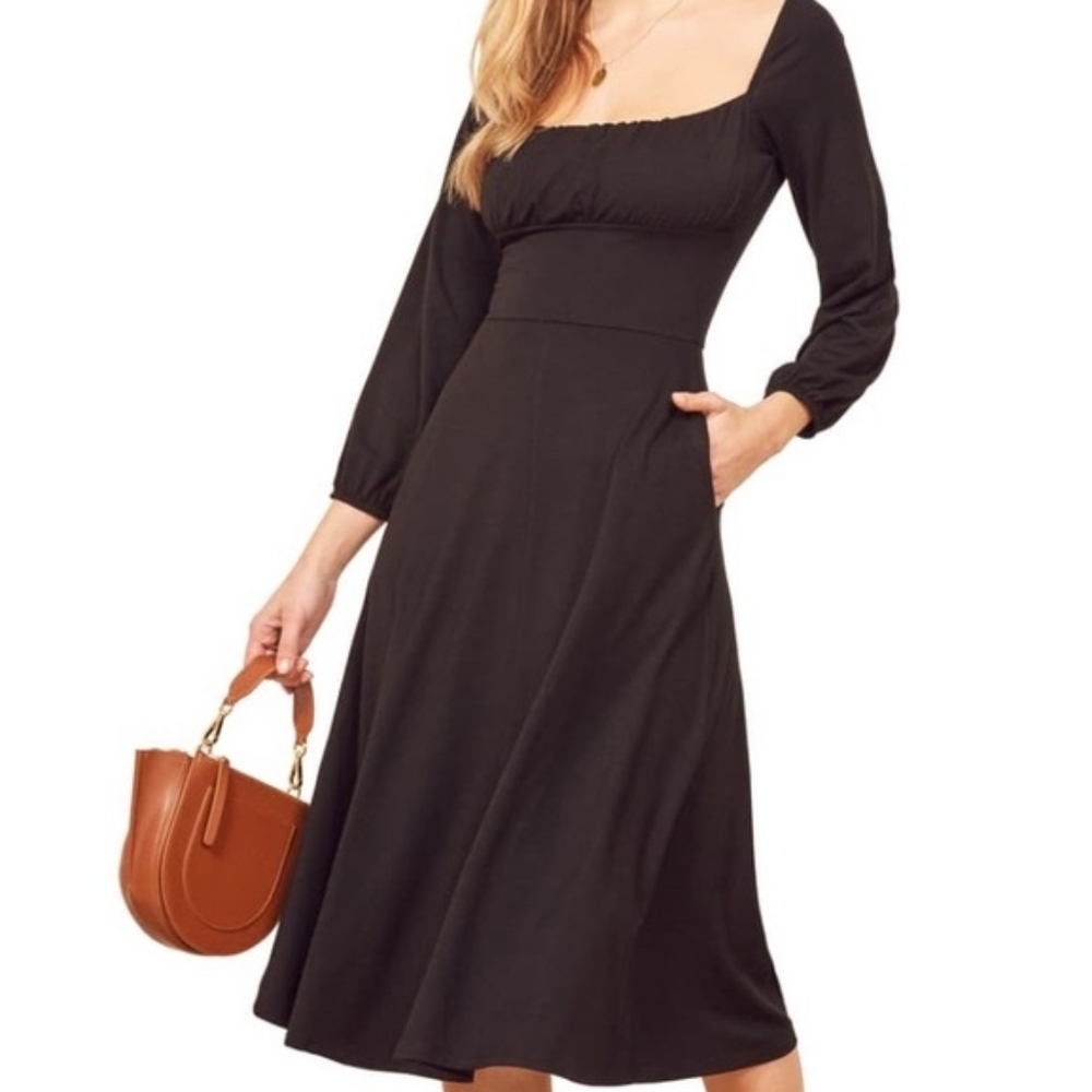 Reformation Pippa Small Black Scoop Shelf Bust Neck A Line Midi Dress Pockets
